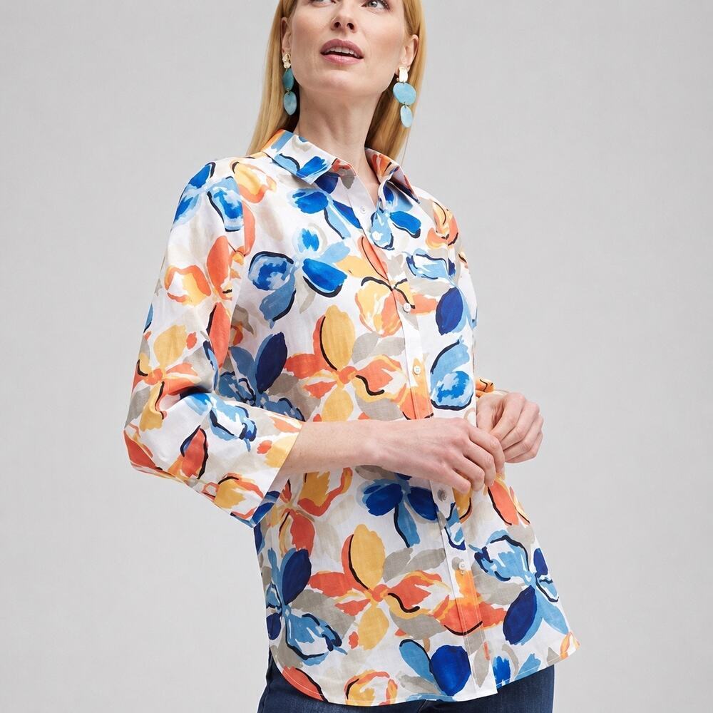 NWOT Chicos 100% Linen No Iron Hand Painted Print Shirt Sz 4 Artsy Relaxed